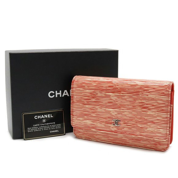 CHANEL Coco Mark Chain Wallet Shoulder Bag Border Patent Leather Orange Red I... - Picture 9 of 9